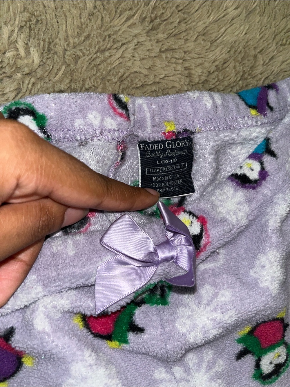 Faded Glory Lavender Fleece Pajama Pants with Colorful Penguin Print - Picture 2 of 4